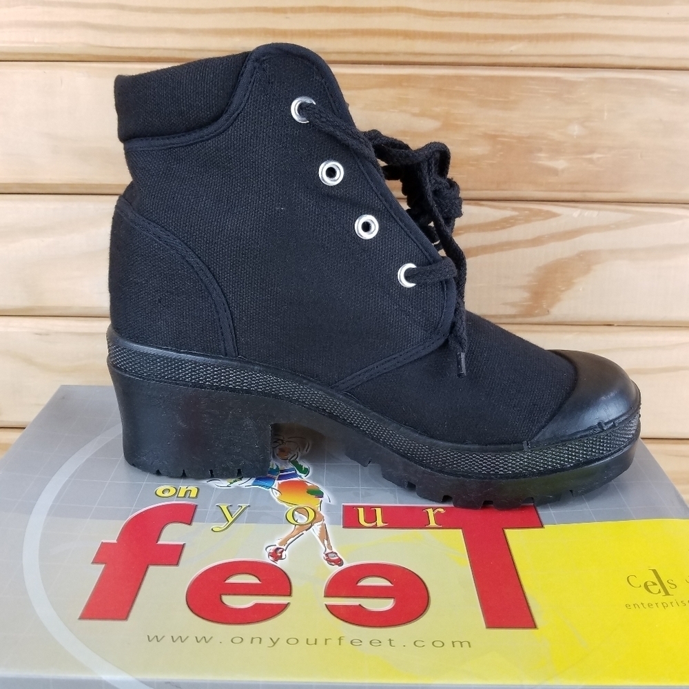 Black Canvas Combat Military Biker Moto Ankle Boots Lace up Women's 6.5M Heeled - Picture 6 of 10
